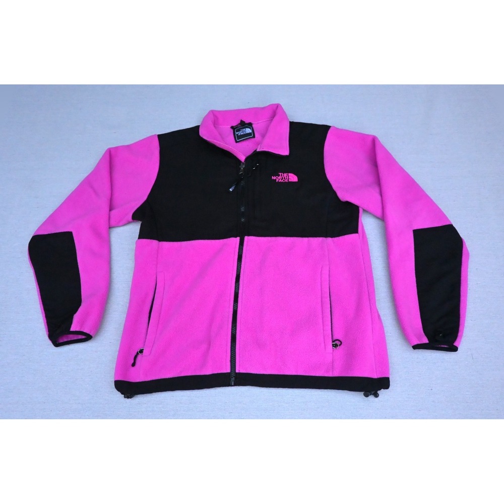 The North Face Womens L Pink Black Fleece Jacket Full Zip Elbow Patches Cozy